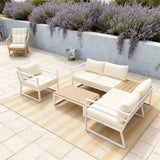 WLSF2534S2 White Aluminum Modular Outdoor Sofa Set with Light Wood Top Coffee Table & Cream Cushions – Provence Lavender Patio Set