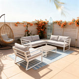 WLSF2534S3 White Aluminum Modular Outdoor Sofa Set with Rattan Egg Chair & Light Grey Cushions – Santa Monica Coastal Patio Set