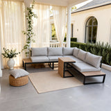 WLSF2536 Black Metal L-Shaped Outdoor Sectional with Wooden Side Extensions & Coffee Table – Mediterranean Villa Patio Furniture Set