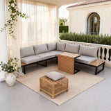 WLSF2536 Black Metal L-Shaped Outdoor Sectional with Wooden Side Extensions & Coffee Table – Mediterranean Villa Patio Furniture Set