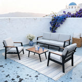WLSF2537 Black Metal 4-Piece Outdoor Conversation Set with Light Grey Cushions & Wooden Top Coffee Table – Santorini Coastal Patio Set