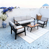 WLSF2537 Black Metal 4-Piece Outdoor Conversation Set with Light Grey Cushions & Wooden Top Coffee Table – Santorini Coastal Patio Set