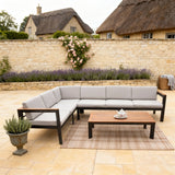WLSF2538 Black Metal L-Shaped Outdoor Sectional with Light Wood Coffee Table – Cotswolds Cottage Patio Set