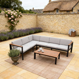 WLSF2538 Black Metal L-Shaped Outdoor Sectional with Light Wood Coffee Table – Cotswolds Cottage Patio Set
