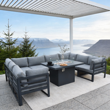 WLSF2539 White Aluminum U-Shaped Outdoor Dining & Lounge Set with Fire Pit Table – Norwegian Fjord Patio Set