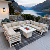 WLSF2539 White Aluminum U-Shaped Outdoor Dining & Lounge Set with Fire Pit Table – Norwegian Fjord Patio Set