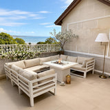 WLSF2539 White Aluminum U-Shaped Outdoor Dining & Lounge Set with Fire Pit Table – Norwegian Fjord Patio Set