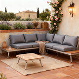 WLSF2540 Light Grey Aluminum L-Shaped Outdoor Sectional with Wooden Side Extensions & Coffee Table – Provence Rustic Patio Set