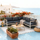 WLSF2541 Light Grey Aluminum L-Shaped Outdoor Sectional with Wooden Top Coffee Table – Mediterranean Coastal Patio Set