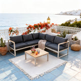 WLSF2541 Light Grey Aluminum L-Shaped Outdoor Sectional with Wooden Top Coffee Table – Mediterranean Coastal Patio Set