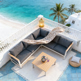 WLSF2541 Light Grey Aluminum L-Shaped Outdoor Sectional with Wooden Top Coffee Table – Mediterranean Coastal Patio Set