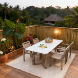 WLSF2544 Rattan & Acacia Wood Outdoor Dining Set with Marble Top Table – Tropical Bali Garden Furniture