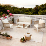 WLSF2550 White Aluminum 4-Piece Rattan Outdoor Conversation Set with Glass Coffee Table – Tropical Coastal Patio Furniture