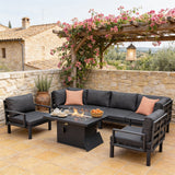 WLSF2574 5-Piece Grey Aluminum Outdoor Sectional Set with Fire Pit Table – Tuscan Rustic Patio Furniture