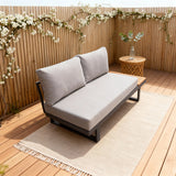 WLSF2526S4 Black Metal Frame Outdoor Loveseat with Wooden Side Extension & Light Grey Cushions – New England Countryside Patio Seating