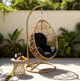 SWC261302 Natural Rattan Hanging Egg Chair with Stand & Cushion – Boho Patio Swing Lounge Chair Set with Side Table