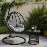 SWC2617 Black Wicker Hanging Egg Chair with Stand & Cushion – Patio Swing Lounge Chair Set with Side Table