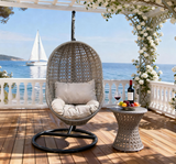 SWC260101 Grey Wicker Hanging Egg Chair with Stand & Cushion – Coastal Patio Swing Chair Set with Side Table