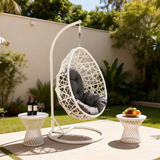 SWC261301 White Wicker Hanging Egg Chair with Stand & Cushion – Modern Patio Swing Lounge Chair Set with Side Tables