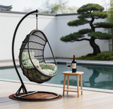 SWC2668 Single Seat Black Wicker Hanging Egg Chair with Stand & Green Floral Cushion – Zen Garden Poolside Patio Swing Lounge Chair Set