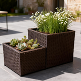 OPB2509 2-Piece Nesting Brown Wicker Planter Set – Modern Patio Raised Garden Bed