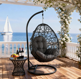 SWC261303 Black Wicker Hanging Egg Chair with Stand & Cushion – Coastal Patio Swing Lounge Chair Set with Side Table