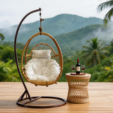 SWC2664 Single Seat Natural Rattan Hanging Egg Chair with Stand & White Cushion – Tropical Mountain View Patio Swing Lounge Chair Set