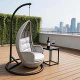 SWC2623 Light Grey Wicker Hanging Egg Chair with Stand & White Cushion – Rooftop Patio Swing Lounge Chair Set