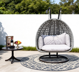 SWC260201 2 Seater Grey Wicker Hanging Egg Chair with Swivel Base & Cushion – Patio Swing Lounge Set