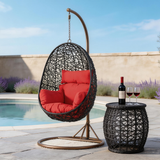 SWC2647 Single Seat Black Wicker Hanging Egg Chair with Stand & Red Cushion – Poolside Patio Swing Lounge Chair Set