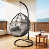 SWC2631 Black Wicker Hanging Egg Chair with Stand & Grey Cushion – Modern Patio Swing Lounge Chair Set
