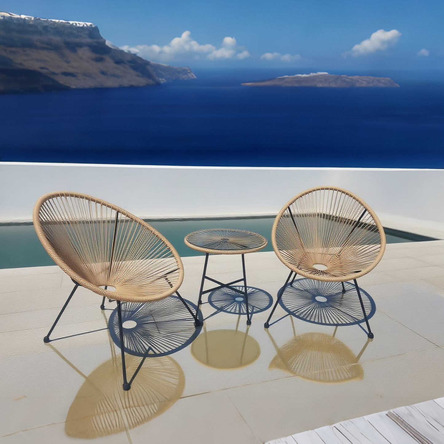 BST250207 Natural Rattan-Tone Radial Weave & Black Metal Frame Santorini Seaview Poolside 2-Piece Outdoor Bistro Set – Matching Weave Round Table
