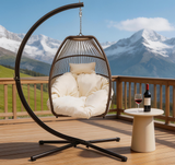 SWC2653 Single Seat Dark Brown Wicker Hanging Egg Chair with Stand & Cream Cushion – Mountain View Patio Swing Lounge Chair Set