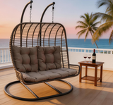 SWC2627 2 Seater Brown Wicker Hanging Egg Chair with Stand & Cushion – Coastal Patio Double Swing Lounge Set