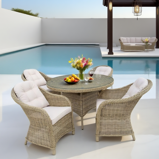 TBDS2509142 BROWN Light Beige Wicker French Luxury Outdoor Dining Set with Cream Tufted Cushions & Clear Glass Round Dining Table – Stylish Patio Furniture