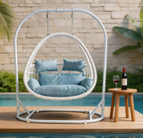 SWC2642 2 Seater White Wicker Hanging Egg Chair with Stand & Blue Cushion – Poolside Patio Double Swing Lounge Chair Set