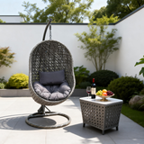 SWC260102 Grey Wicker Hanging Egg Chair with Stand & Cushion – Modern Patio Swing Lounge Set with Rattan Side Table