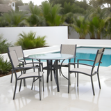 CBY2507 Black Metal & Light Linen Mesh Tropical Poolside Luxury Outdoor Dining Set (4-Piece) – Clear Glass Round Table