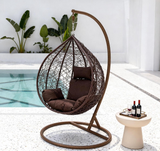 SWC2655 Single Seat Dark Brown Wicker Teardrop Hanging Egg Chair with Stand & Brown Cushion – Poolside Modern Patio Swing Lounge Chair Set