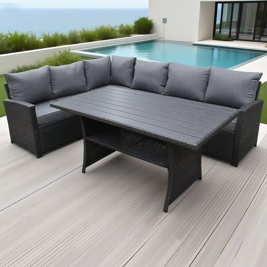 Dark Brown Wicker L - Shaped Outdoor Sectional Set with Storage Dining Table – Stylish Patio Furniture