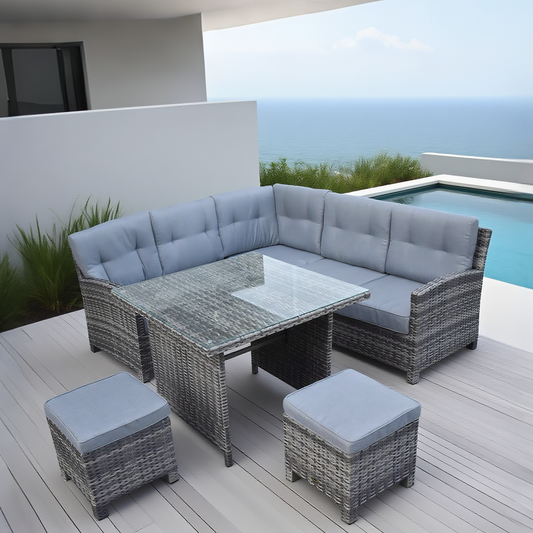 Grey Wicker L - Shaped Outdoor Sectional Set with Glass Dining Table & Ottomans – Stylish Patio Furniture