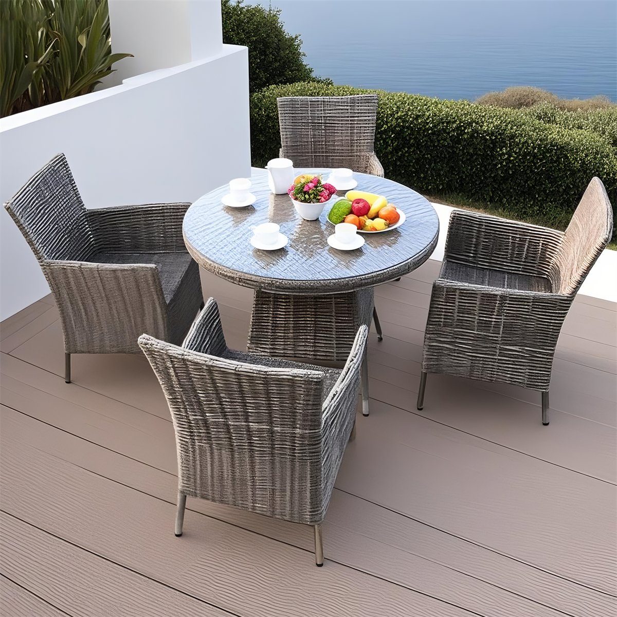 TBDS250703 Light Grey Wicker Coastal Luxury Outdoor Dining Set with Matching Cushions & Clear Glass Round Dining Table – Stylish Patio Furniture