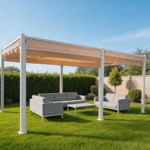 PGL2517 White Aluminum Pergola with Retractable Beige Canopy – Outdoor Patio Shade Structure for Backyard & Garden