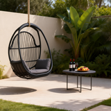 SWC261201 Black Rattan Hanging Egg Chair with Cushion & Stand – Outdoor Patio Swing Lounge Chair Set