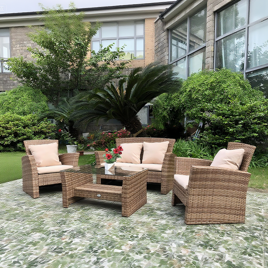 Brown Wicker 4 - Piece Outdoor Lounge Set with Glass Coffee Table – Stylish Patio Furniture