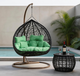 SWC2646 2 Seater Black Wicker Hanging Egg Chair with Stand & Green Cushion – Poolside Patio Double Swing Lounge Chair Set