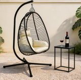 SWC2626 Black Metal Frame Hanging Egg Chair with Stand & Beige Cushion – Modern Patio Swing Lounge Chair Set