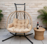 SWC2628 Natural Rattan Hanging Egg Chair with Stand & Beige Cushion – Patio Swing Lounge Chair Set with Side Table
