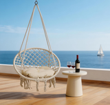 SWC2671 Single Seat Beige Macrame Rope Hanging Swing Chair with Cushion – Coastal Sea View Boho Lounge Chair