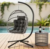 SWC263401 Dark Grey Wicker Hanging Egg Chair with Stand & Cushion – Poolside Patio Swing Lounge Chair Set